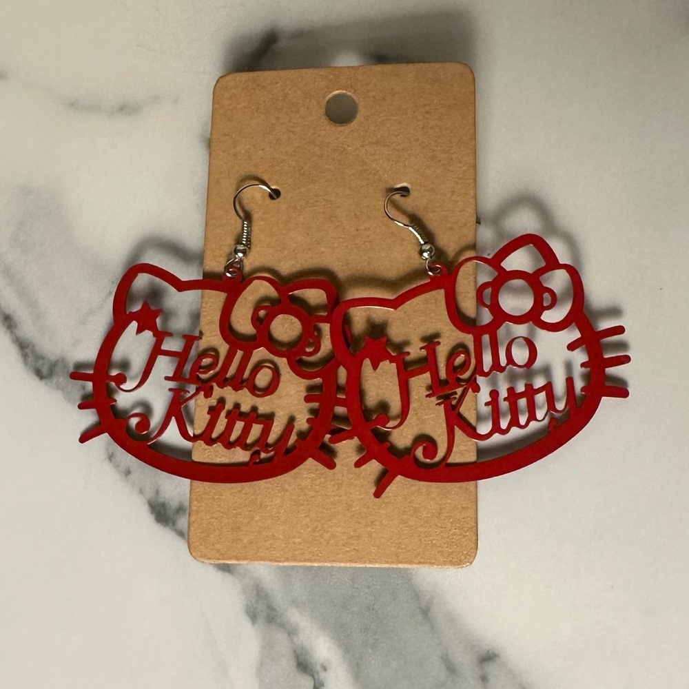Red Metallic Hello Kitty Inspired Earrings Cute Cat Outline